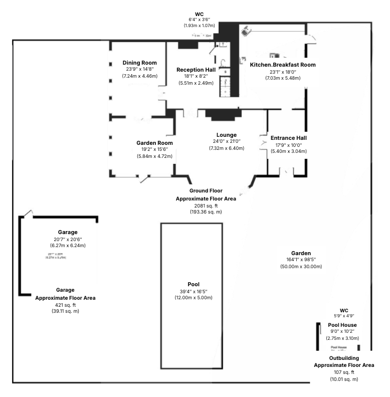 Floorplan of the ground floor, garage, pool and pool house